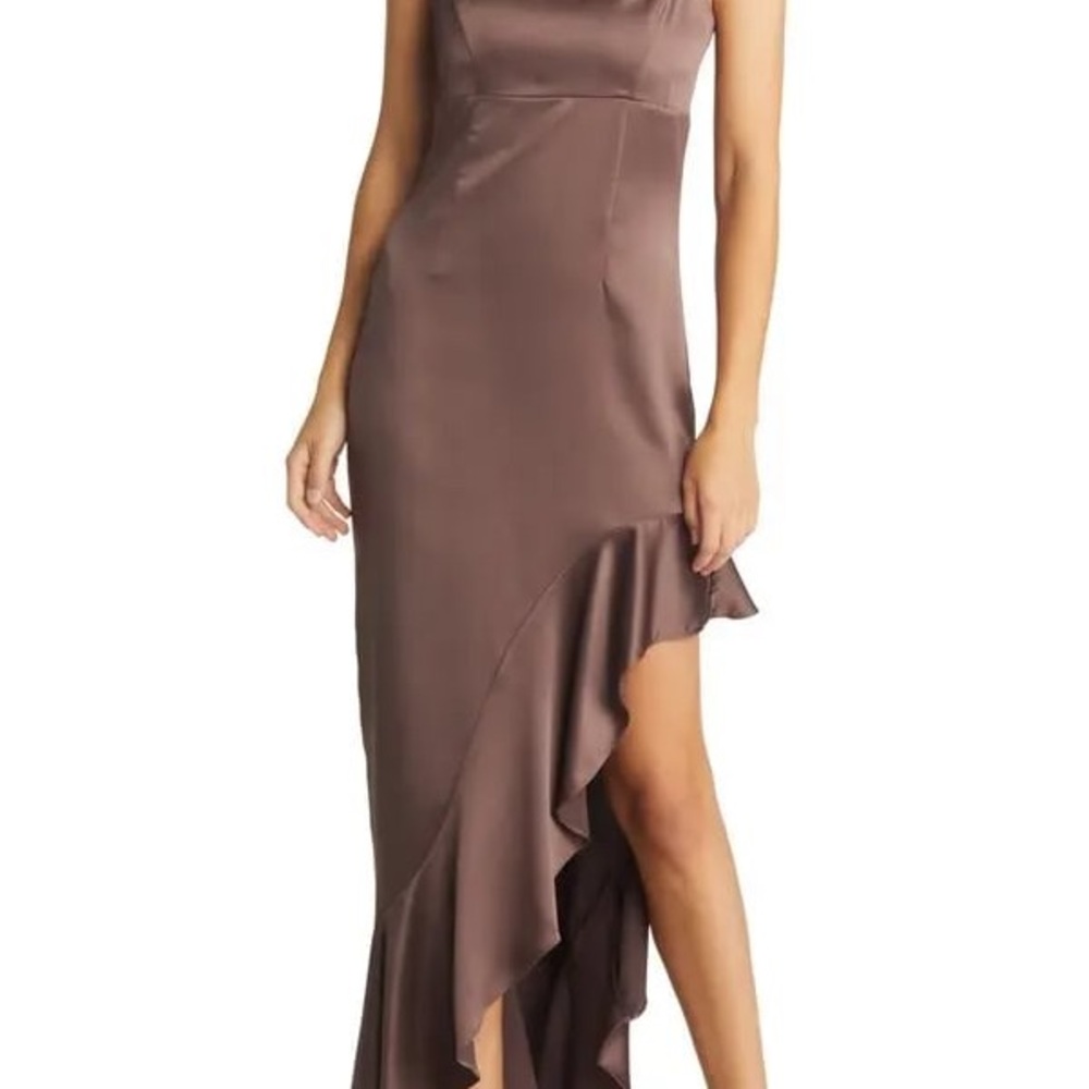 Socialite Asymmetrical Espresso Satin Dress